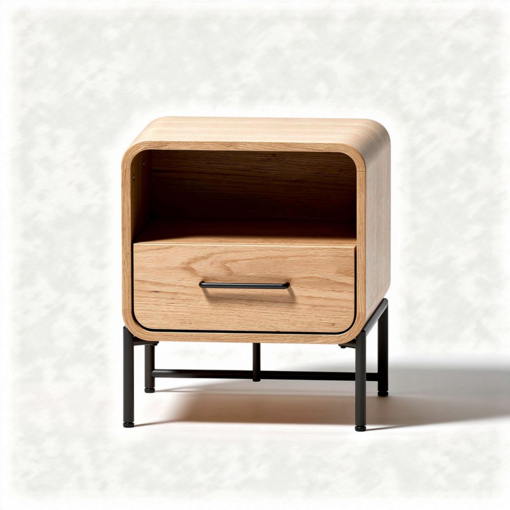 Mobiletto in legno di rovere con cassetto e struttura in metallo nero 40 x 40 x 45cm