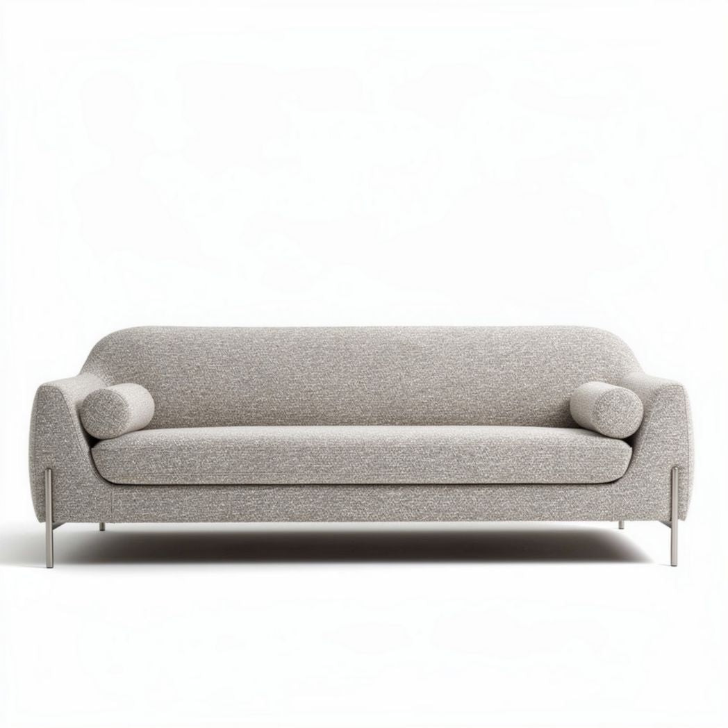 Divano grigio con braccioli rotondi in tessuto dimensioni 200 x 90 x 75 cm