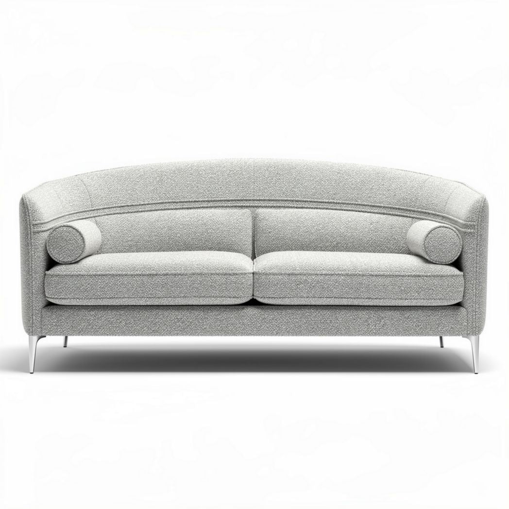 Divano grigio chiaro in tessuto con cuscini rotondi dimensioni 200 x 90 x 85cm