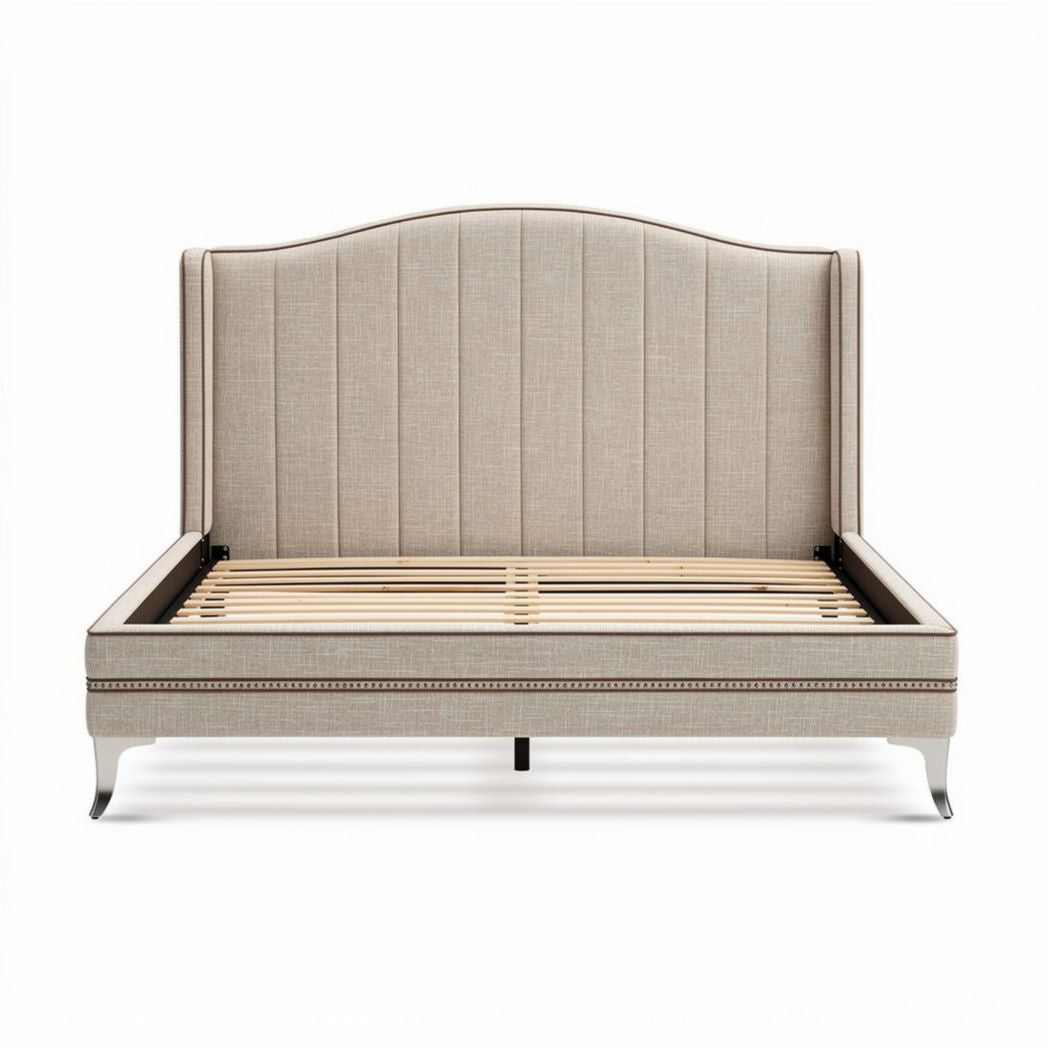 Letto matrimoniale in tessuto beige con testiera imbottita dimensioni 200 x 160 x 120cm