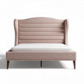 Letto matrimoniale in tessuto beige con testata alta e dimensioni 200 x 160 x 100cm