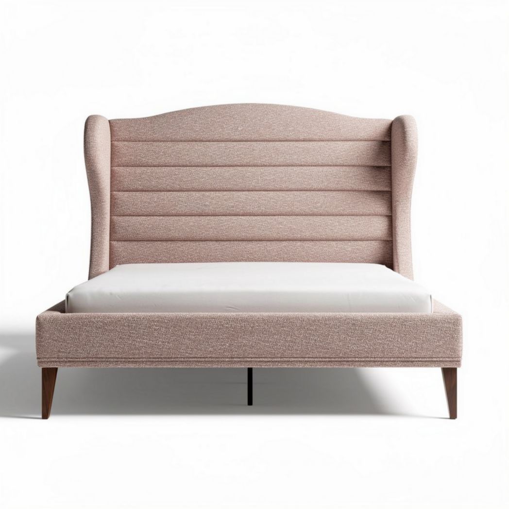 Letto matrimoniale in tessuto beige con testata alta e dimensioni 200 x 160 x 100cm