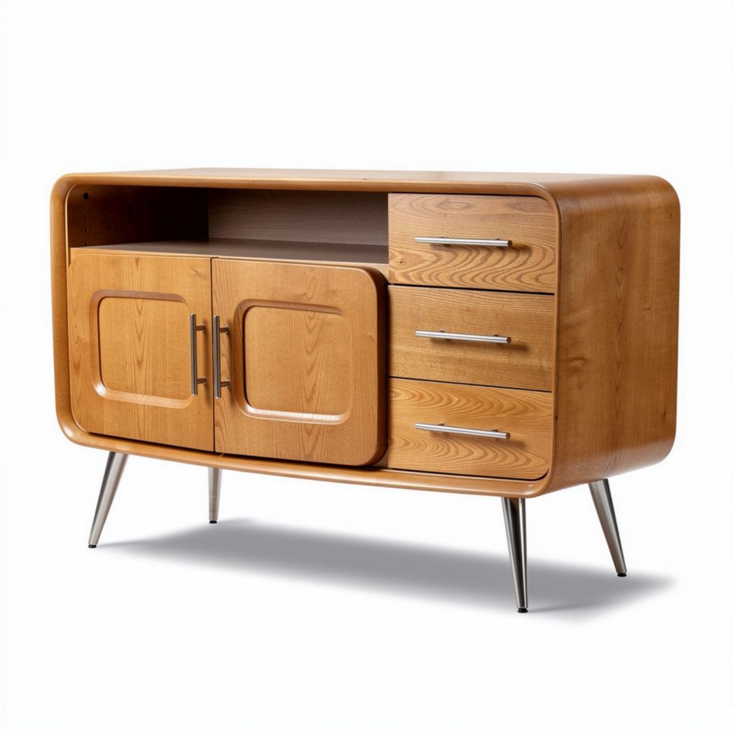 Mobiletto in legno di frassino con 2 porte e 3 cassetti 150 x 45 x 85cm